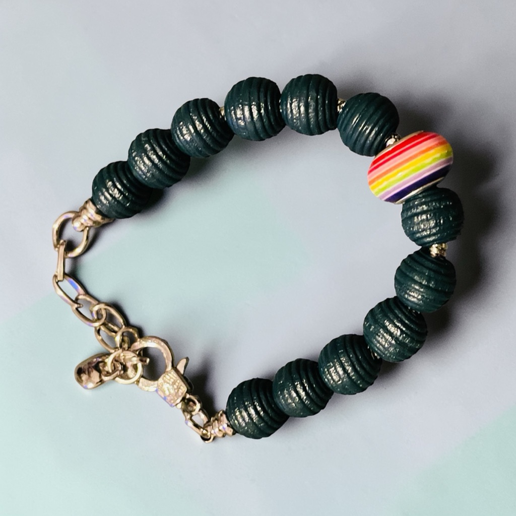 Dark Teal Beaded Bracelet With Pride Rainbow Accent